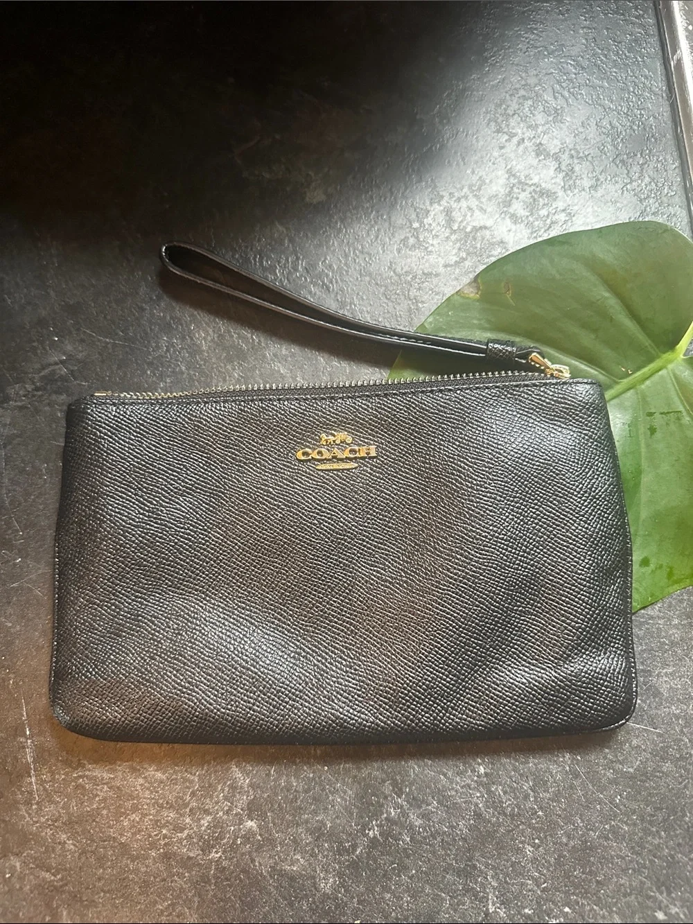 Coach Black Leather Wristlet with Gold Logo